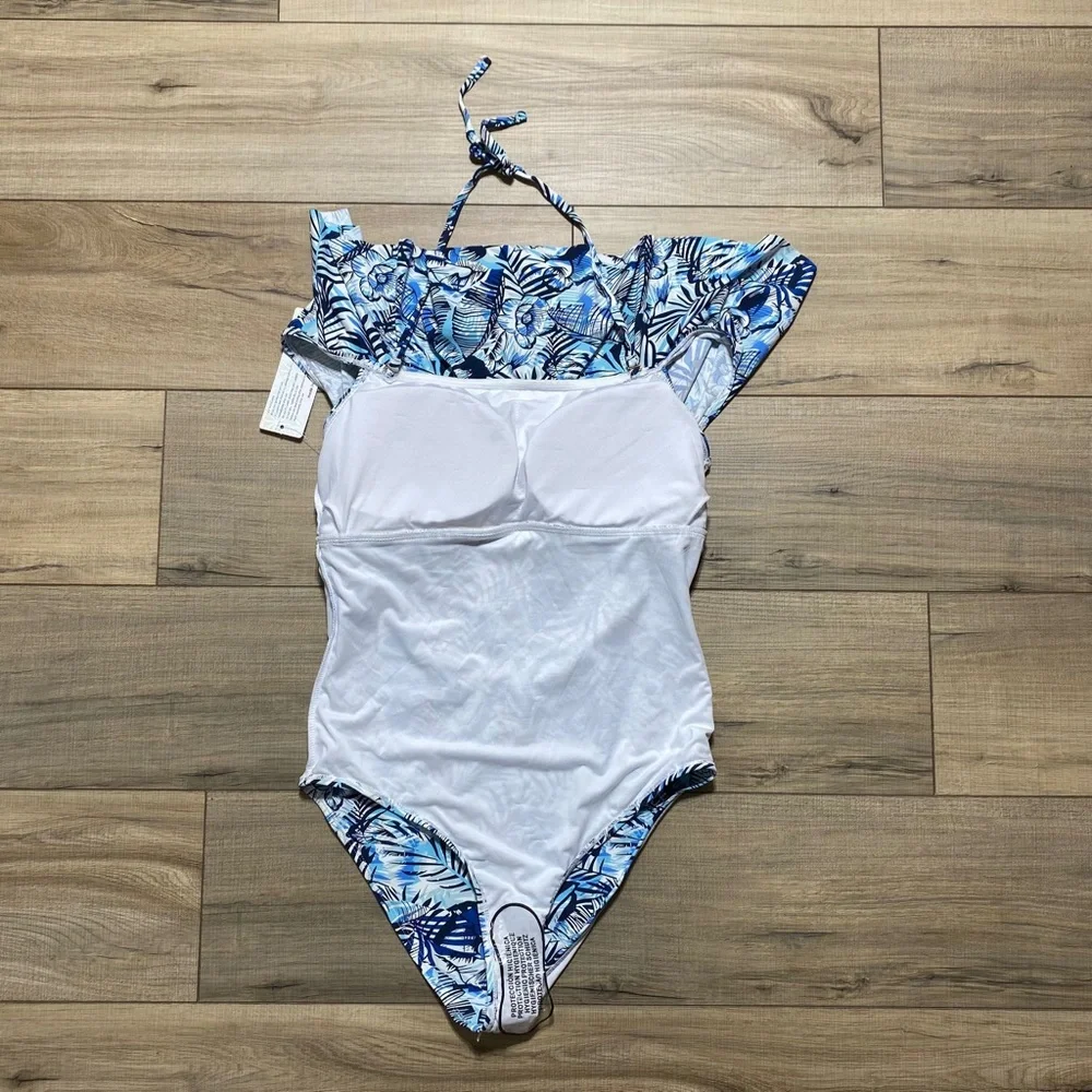 Stylish Swimwear Womens One Piece Floral Ruffle Halter Swimsuit Size‎ L Blue